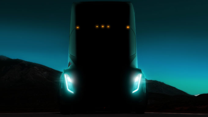 Front of Tesla Semi truck at night