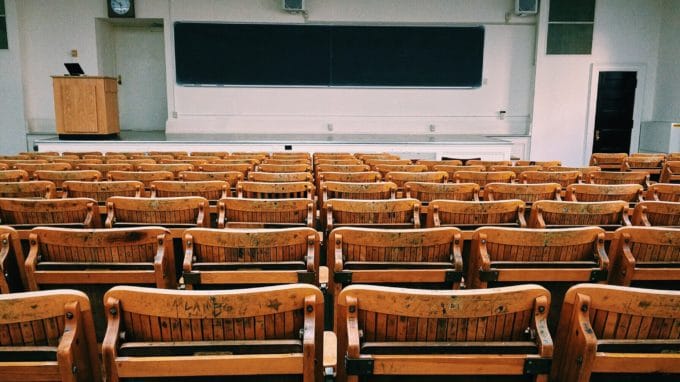 Classroom with stage and black board