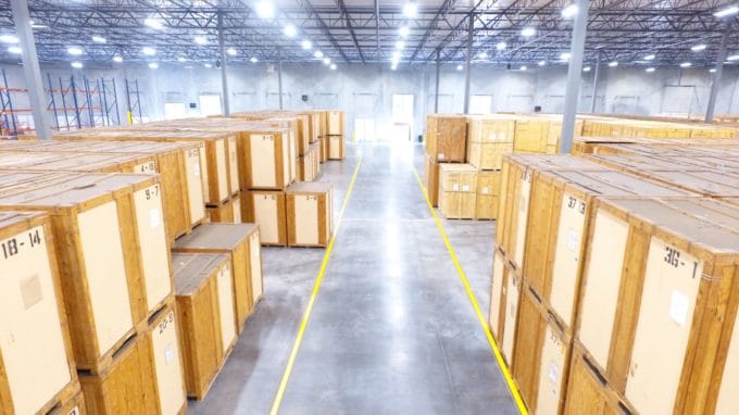 High view of Hilldrup crates stacked in the warehouse