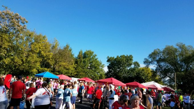 Fredericksburg Heart Association walk with tents, walkers, supporters gathered around