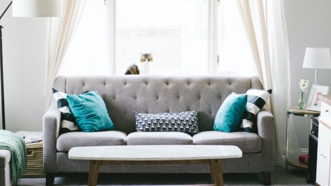 Picture of a living room with a gray couch and teal pillows, against a window.