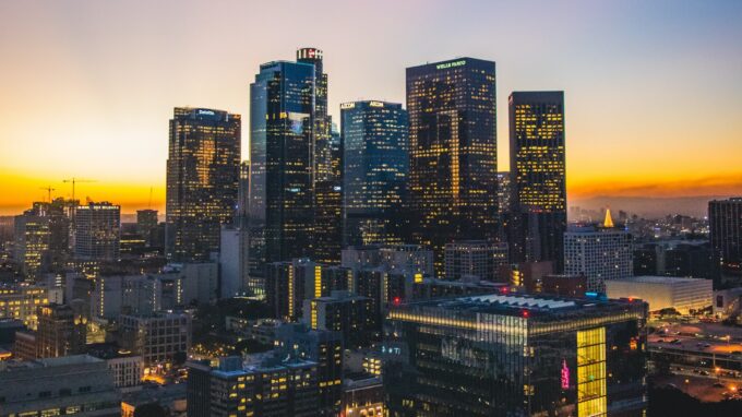 Picture of a city skyline at sunset.