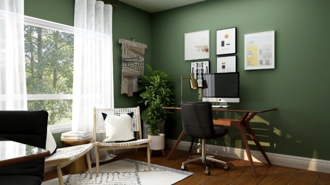 Green room in a home with a desk and computer