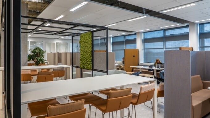 View of open space office with bright and clean aesthetic