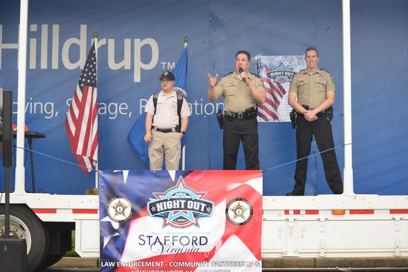 Stafford County Sheriff, David “DP” Decatur took center stage on Hilldrup’s stage trailer during the 2024 National Night Out event 