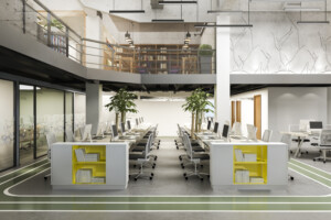 open concept workspace with meeting room