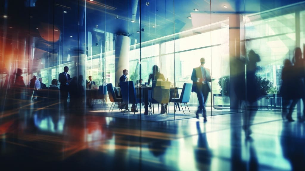 Blurred business people meeting in modern office building conference room, motion blur