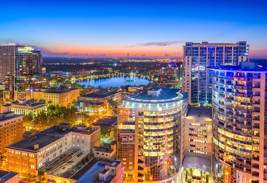 Downtown Orlando, FL at dusk.