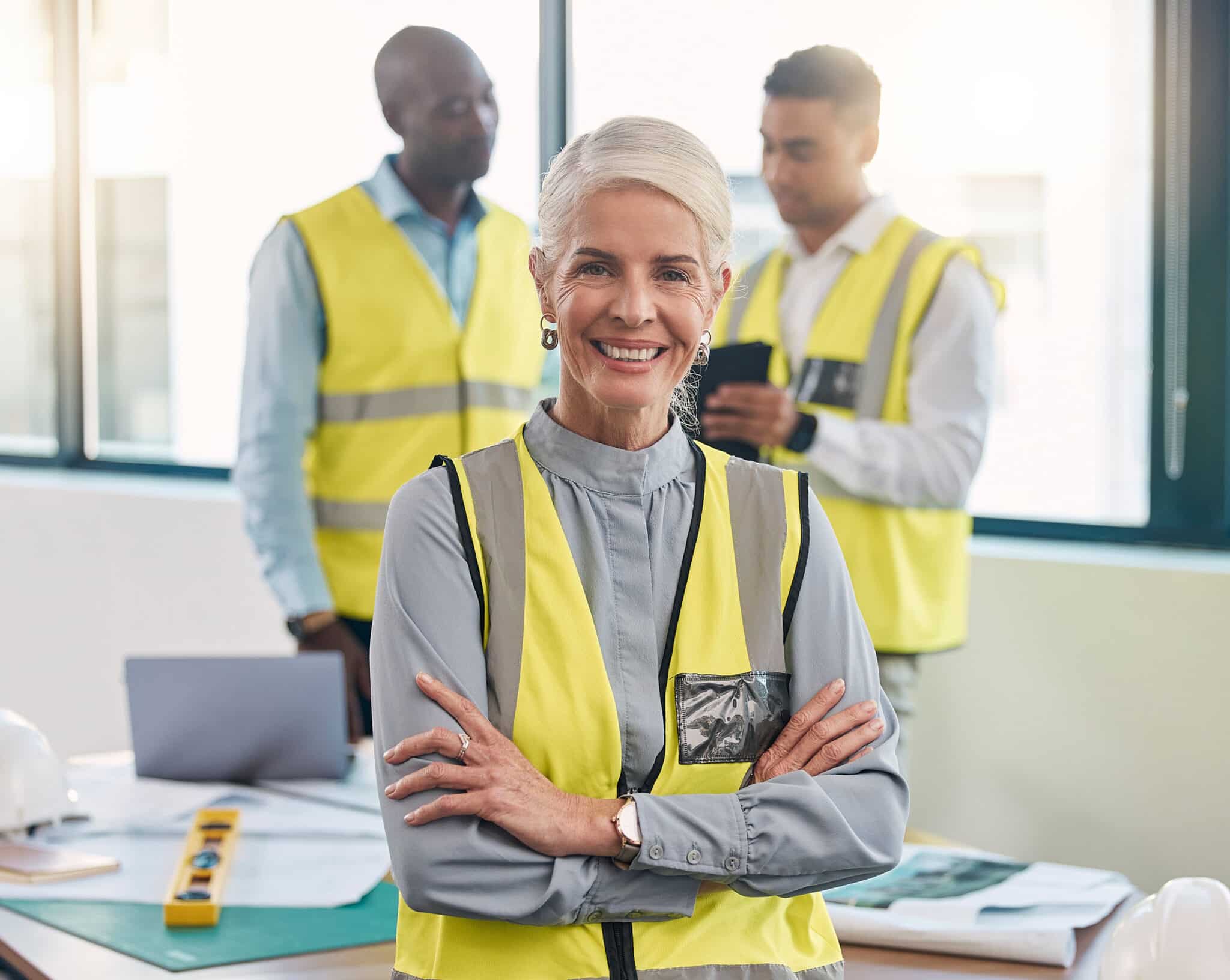 Team wearing safety vests with one person smling at the cameras